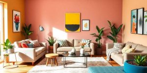 Cameră de zi modernă cu mobilă și decor vibrant.