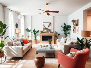 Interior modern amenajare cu mobilier și plante decorative.