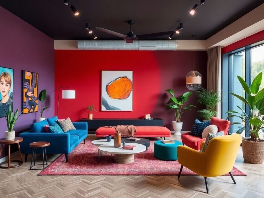 Interior modern cu mobilier elegant și culori vibrante.