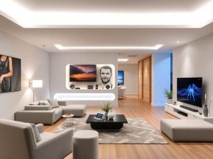 Interior modern al unei locuințe smart cu tehnologie avansată.