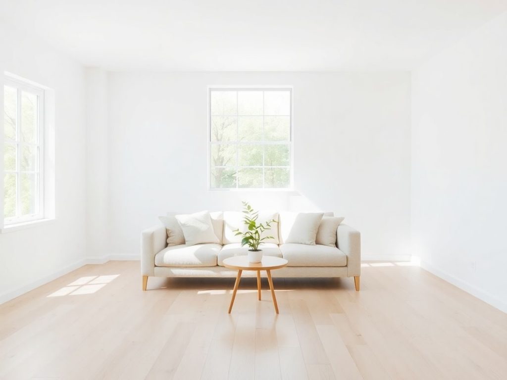 Interior minimalist, curat, cu lumină naturală.