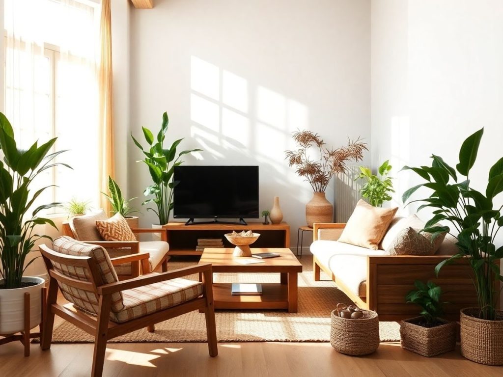 Mobilier ecologic din lemn natural într-o cameră luminoasă.