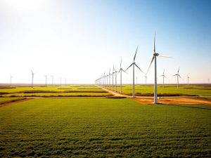 Turbine eoliene sub un cer albastru vibrant.