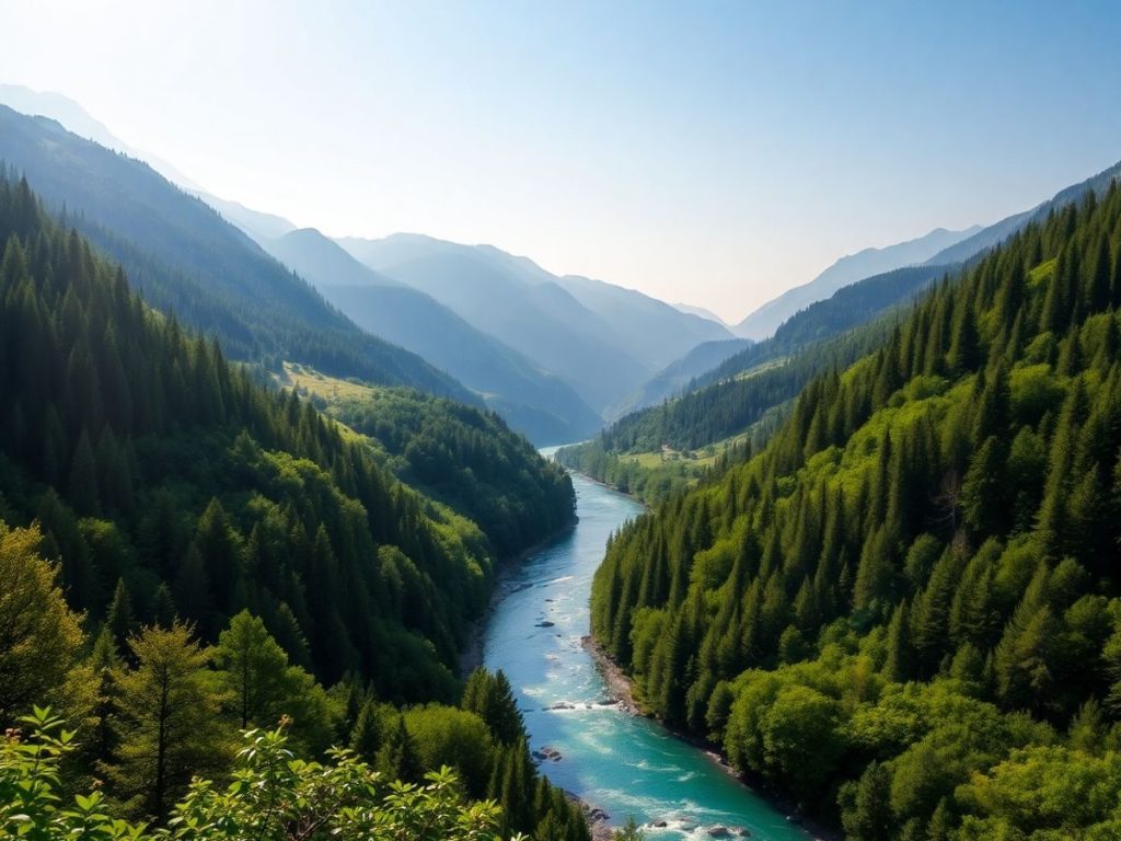 Peisaj montan cu pădure verde și râu limpede.