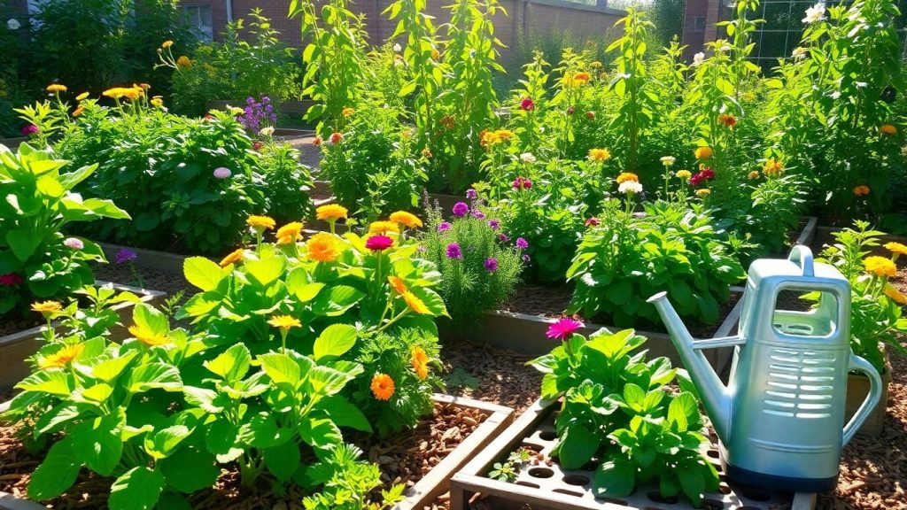Grădină ecologică cu plante verzi și flori colorate.