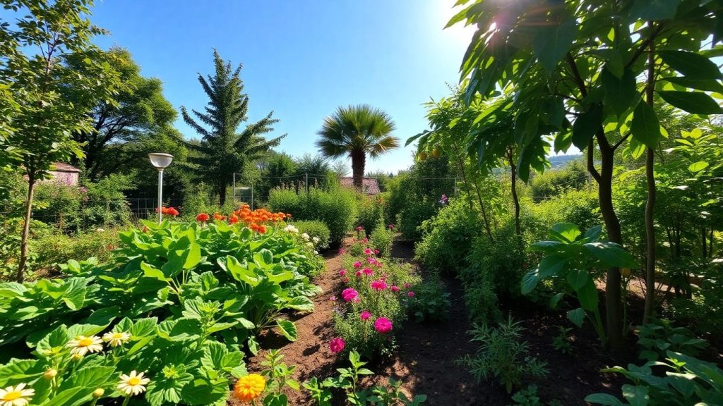 Grădină permacultură România, legume, flori, copaci fructiferi.