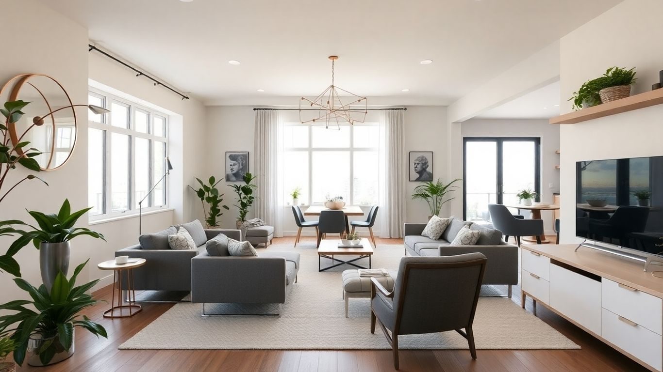 Interior renovat modern, mobilier stilat, lumină naturală