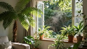 Apartament cu plante verzi și lumină naturală.